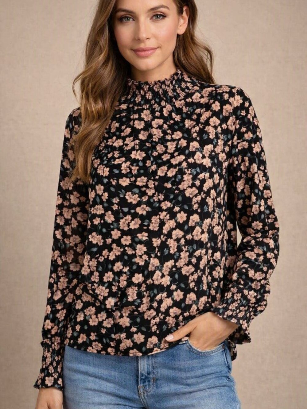 Three Bird Nest Ruched Turtleneck Floral Size S